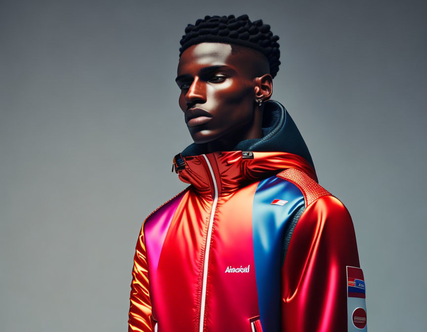 Male model with stylized hair in red and blue sports jacket on grey backdrop