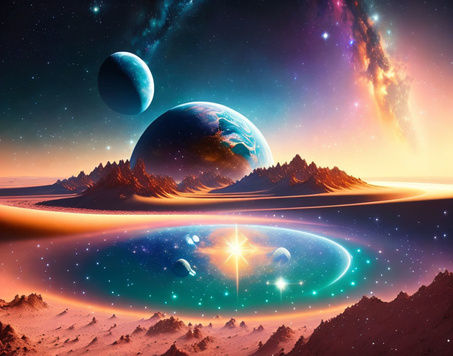 Colorful Sci-Fi Landscape with Celestial Bodies and Alien Terrain