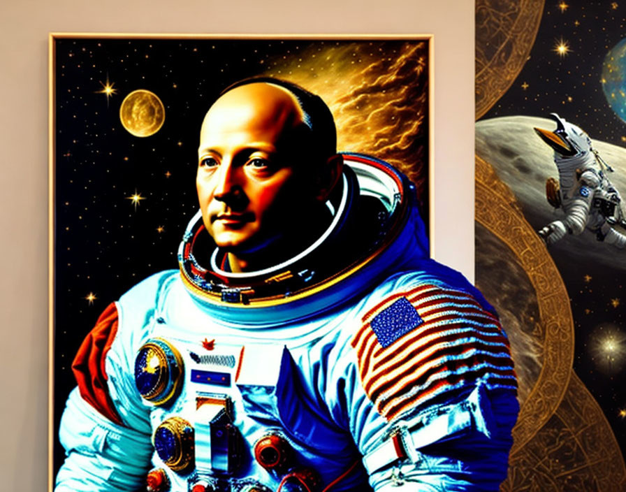 Cosmic surreal portrait with person in spacesuit and NASA patch