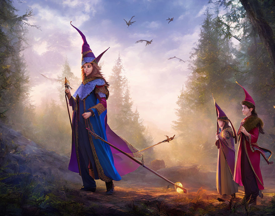 Medieval fantasy characters in misty forest setting