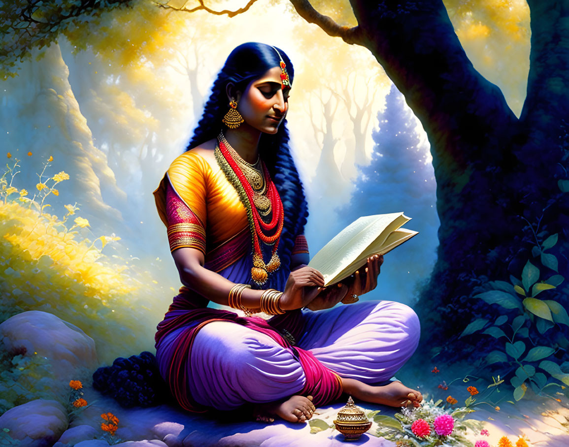 Woman in Traditional Indian Attire Reading Book in Enchanted Forest