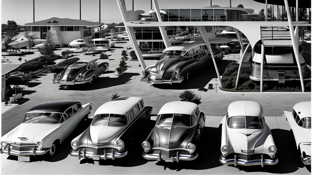 Classic cars parked in retro-themed lot with futuristic building.