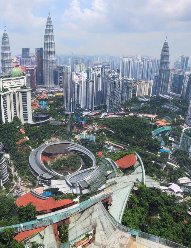 Modern cityscape with twin towers, greenery, and circular structure among skyscrapers