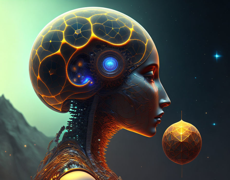 Female Android with Transparent Cranium and Cosmic Background