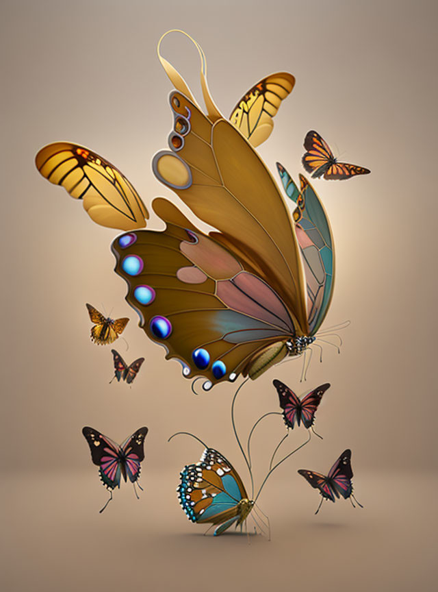 Colorful oversized butterfly surrounded by smaller butterflies in vibrant digital art.