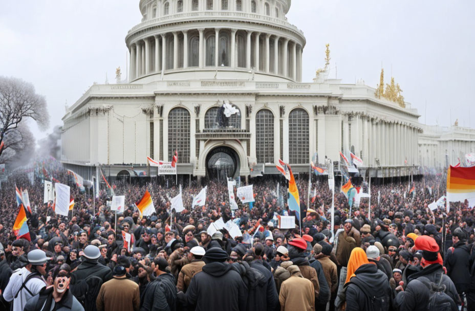 Crowd waving flags and banners in front of grand building with columns.