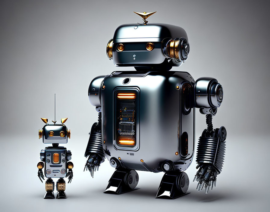 Retro-styled metallic robots with visible gears and illuminated elements