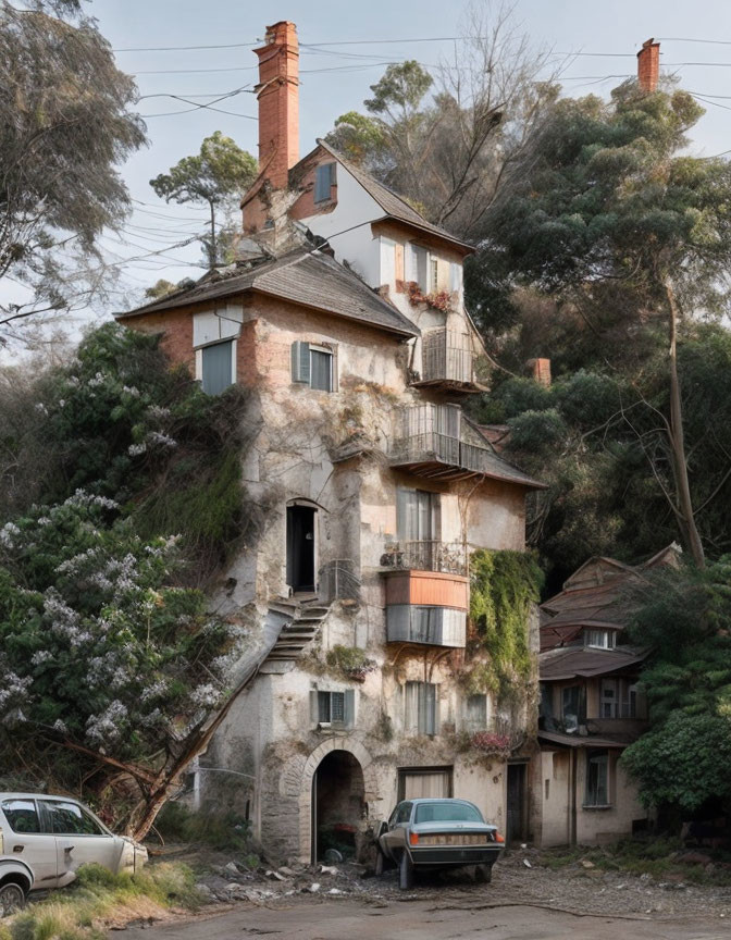 Weathered multi-story house with balconies, chipped paint, overgrown foliage, and vintage car