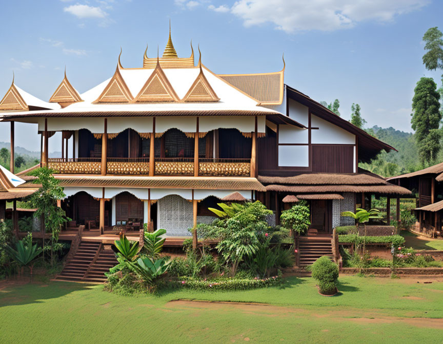 Tiered Roof Wooden House in Southeast Asia Amid Lush Greenery