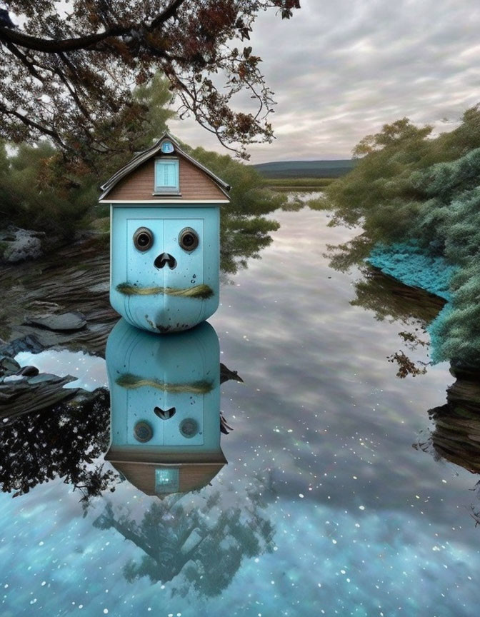 Blue Anthropomorphic House on Lake with Forest and Stars