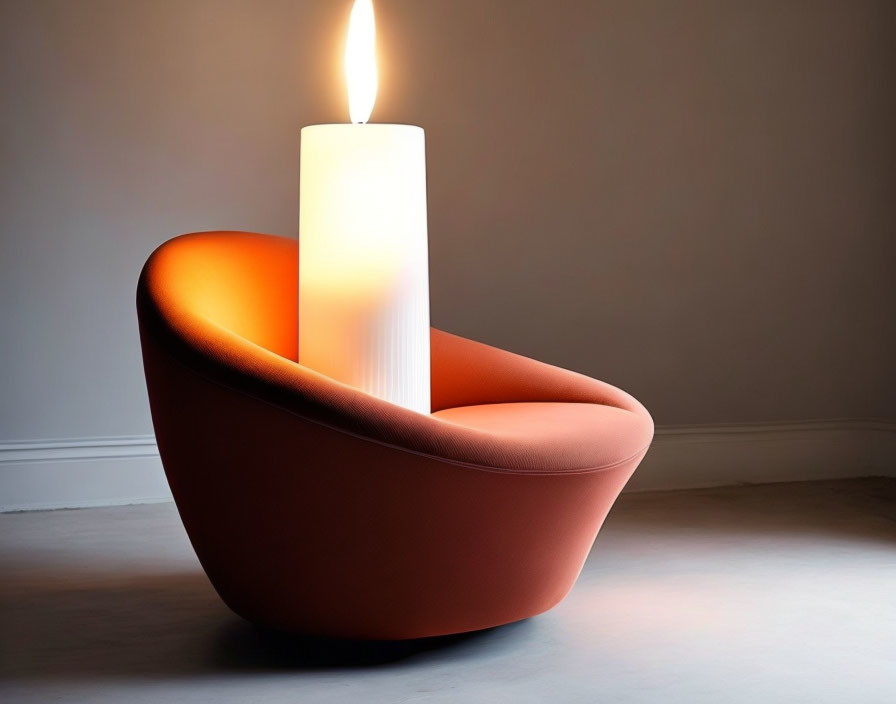 Bright flame candle superimposed on modern orange chair illusion