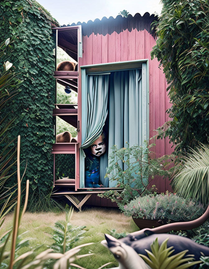 Pink multi-level playhouse with turquoise curtain in whimsical outdoor scene