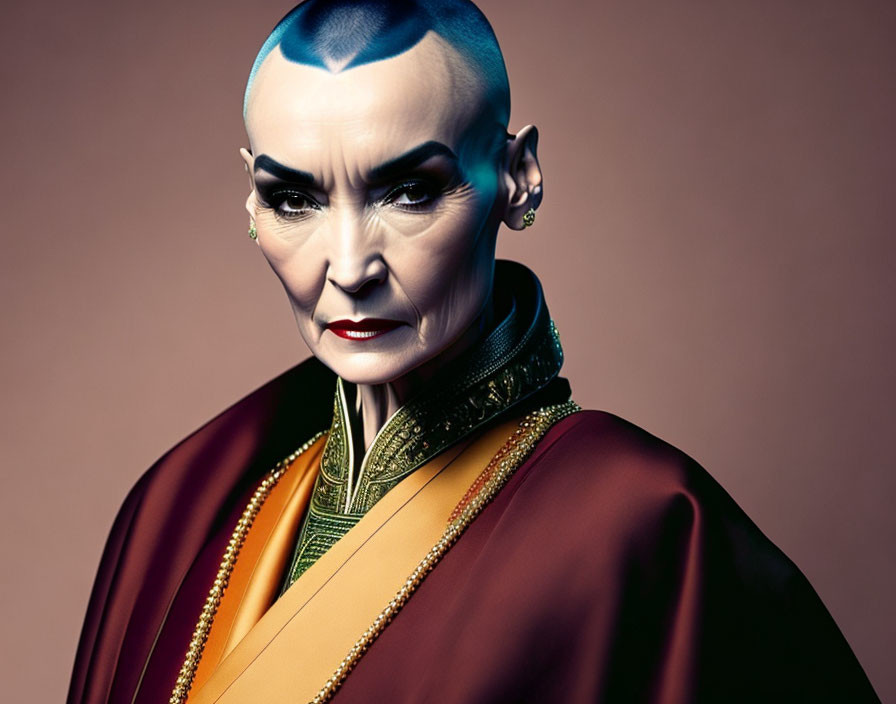 Person with Blue Mohawk and Piercing Eyes in Colorful Robe