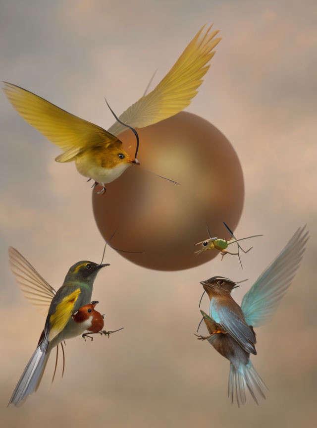 Vibrant birds flying around large floating egg with twig and insect