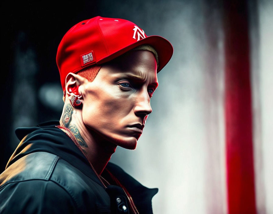 Tattooed person in red cap and black jacket with intense gaze