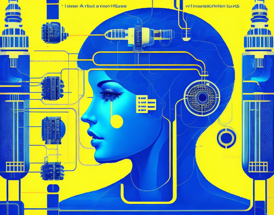 Futuristic cyborg woman profile with blue and yellow color scheme.