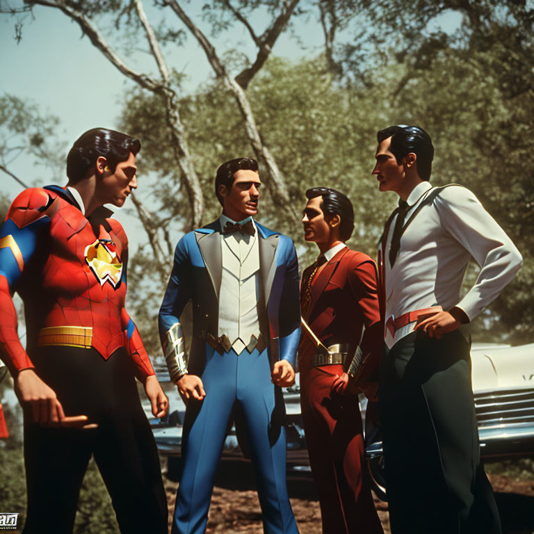 Four people in superhero costumes pose in a comic book-like setting