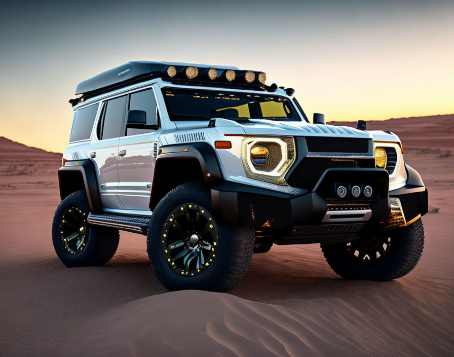 Modern SUV with Black Roof Rack & Wheels in Desert Sunset