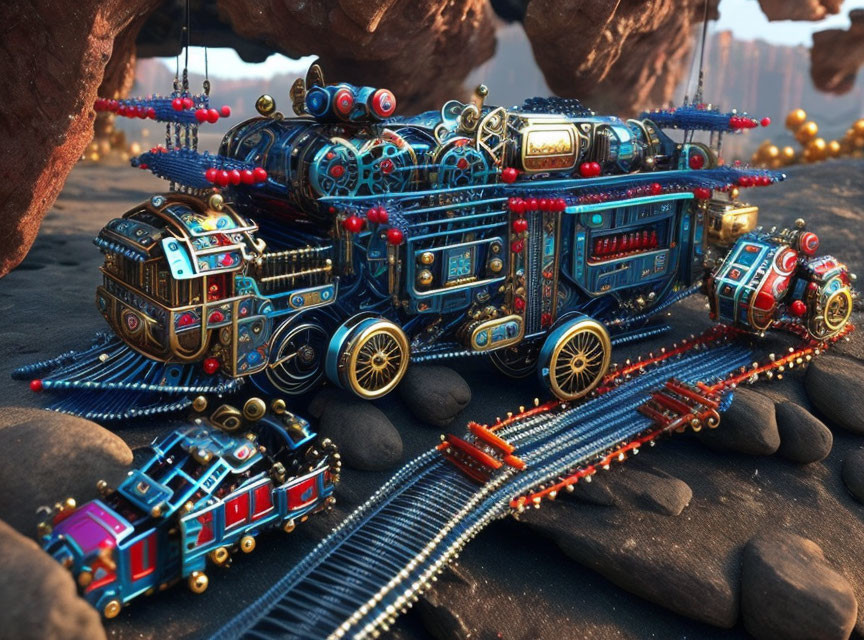 Steampunk-themed train travels through rocky desert landscape