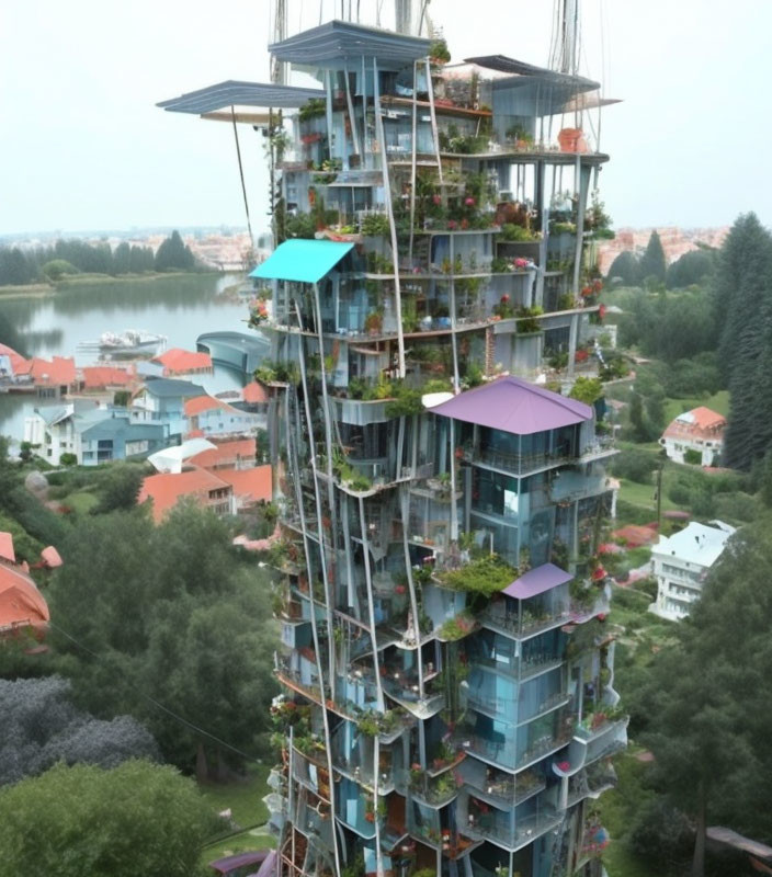 Modern high-rise building with greenery and purple canopies in quiet residential area