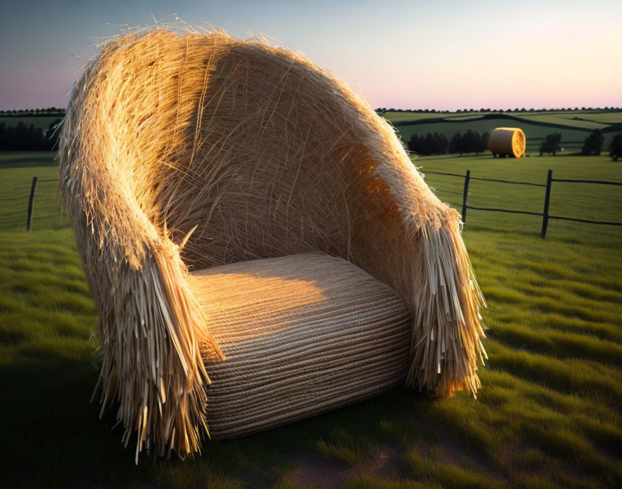 Oversized hay bale armchair in lush field at sunset