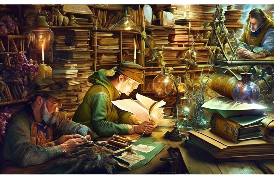 Three individuals exploring a room with stacks of books, a globe, and antique artifacts.