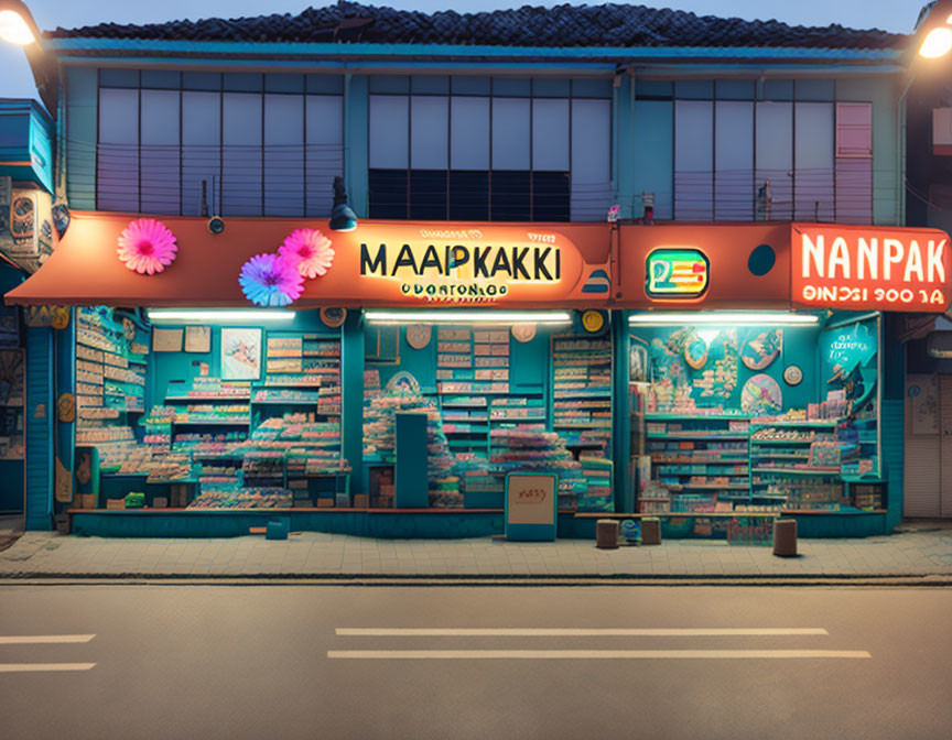 Vibrant dusk storefront with blue walls and neon signs