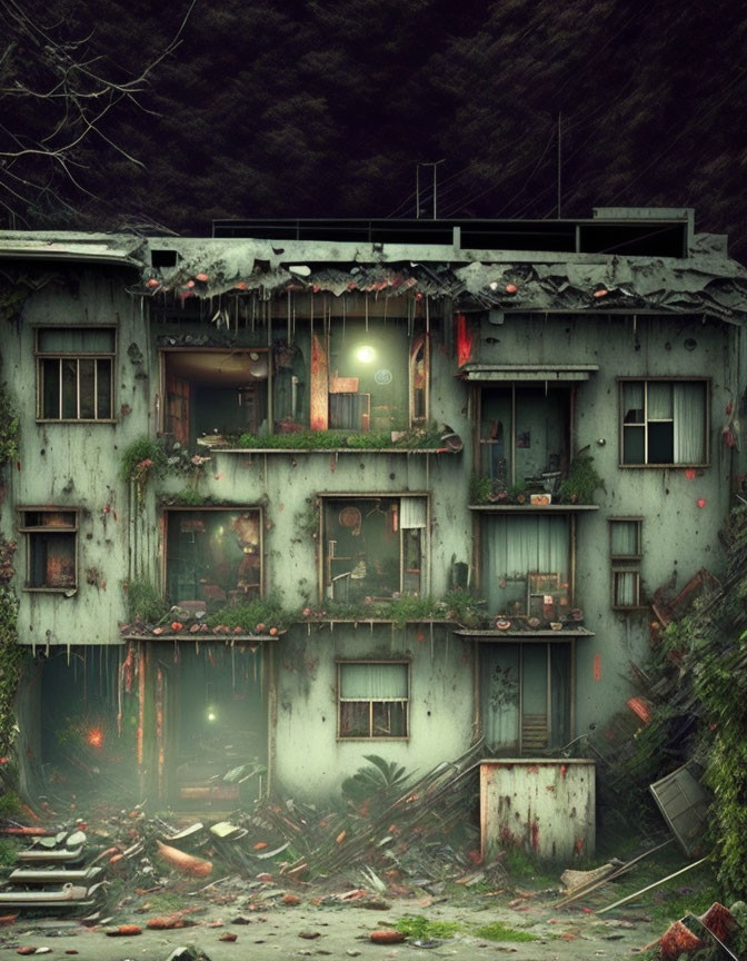 Abandoned apartment building with overgrowth and debris under gloomy sky