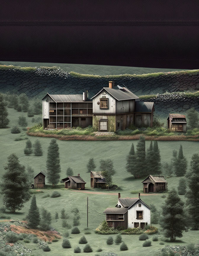 Rural landscape with rustic houses, trees, and dark sky