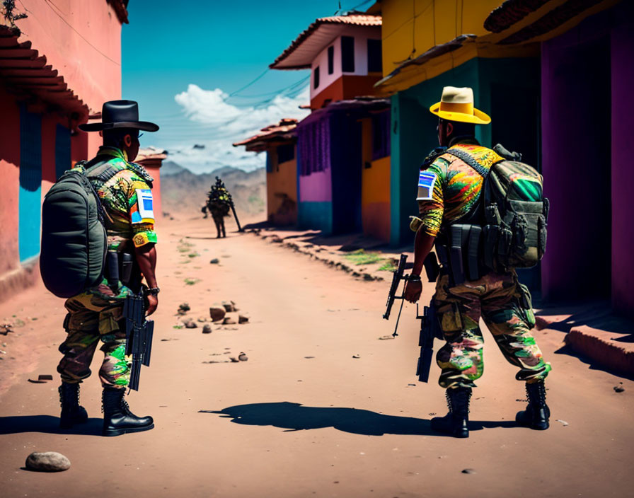 Camouflaged soldiers patrol vibrant street under blue sky