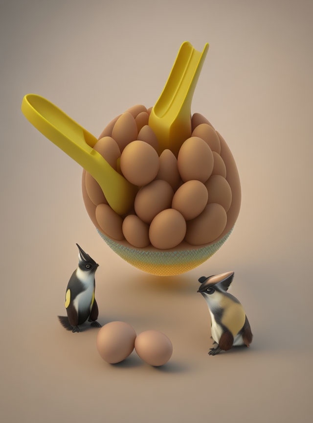 Cartoon badgers with large bowl of eggs and yellow tongs on neutral background