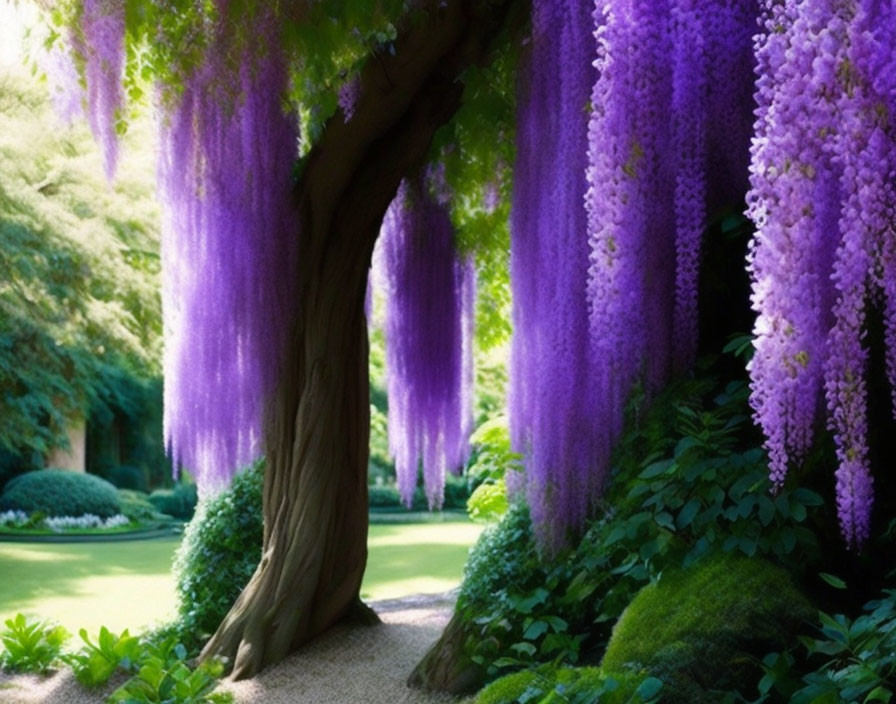 Tranquil Garden Path with Purple Wisteria Blooms