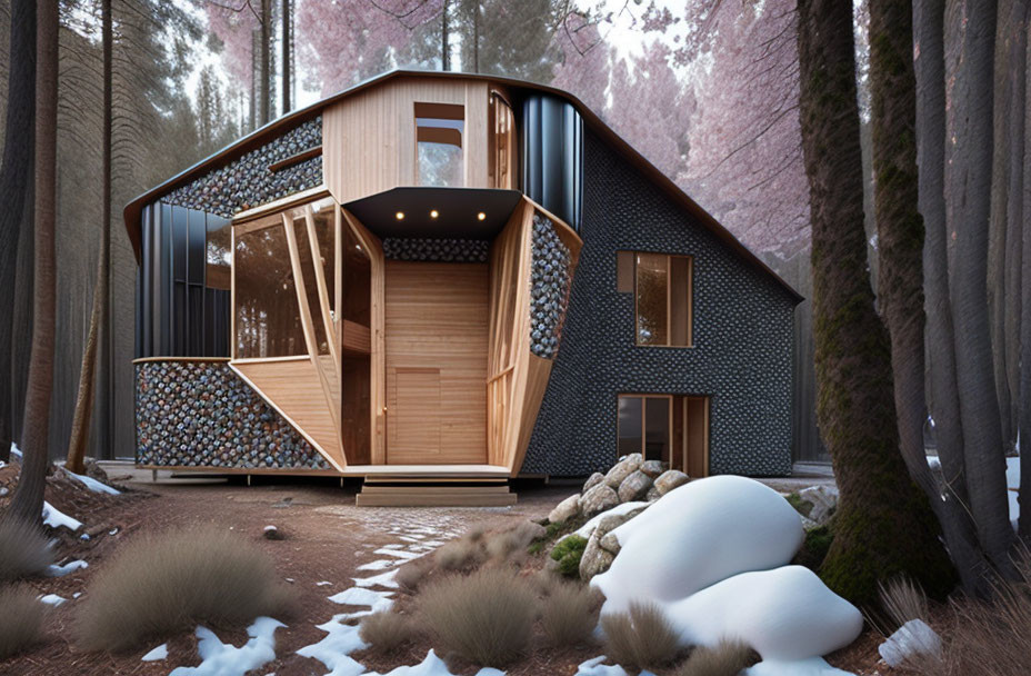 Geometric Cabin with Wooden and Patterned Facades in Snowy Forest