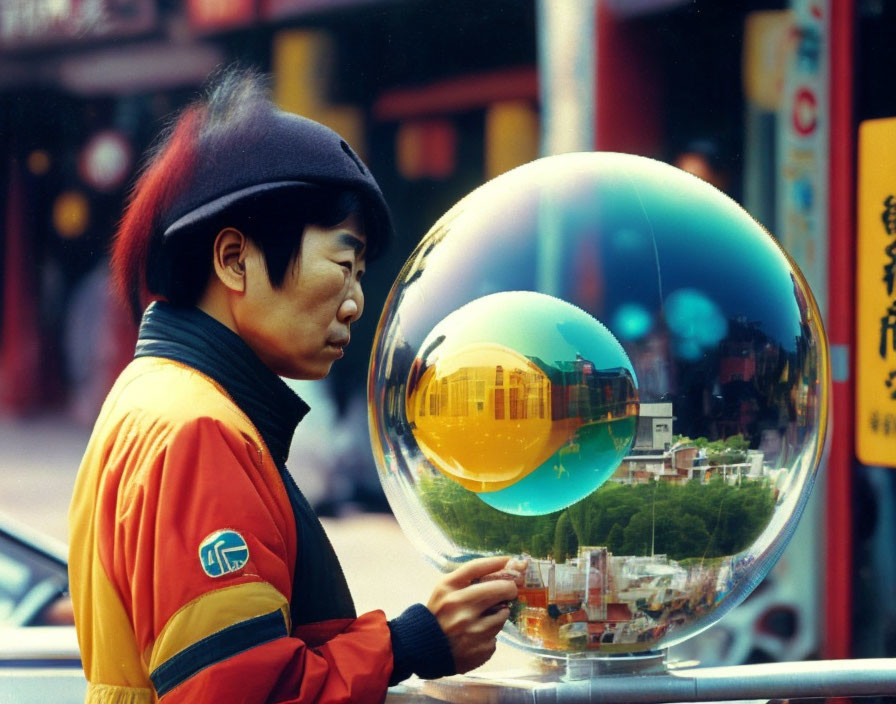 Person in Colorful Outfit Blows Shimmering Soap Bubble on City Street