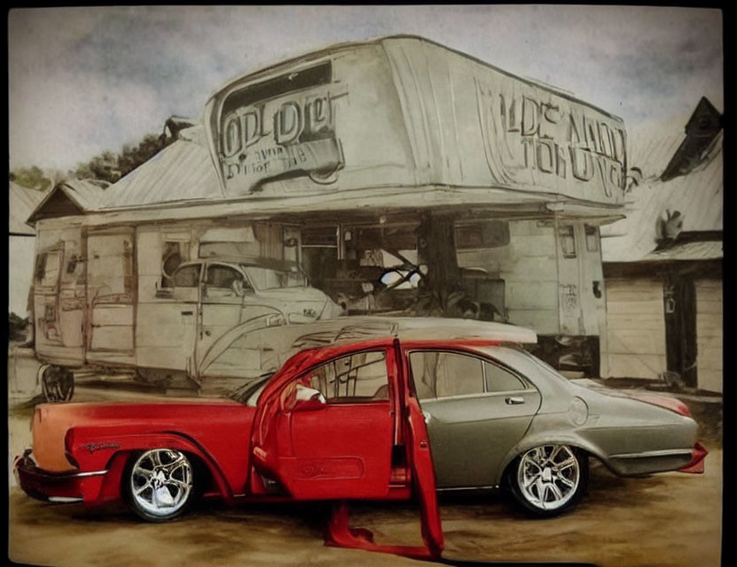 Vintage red and grey car outside retro diner with "Oldie But Goldie" signage