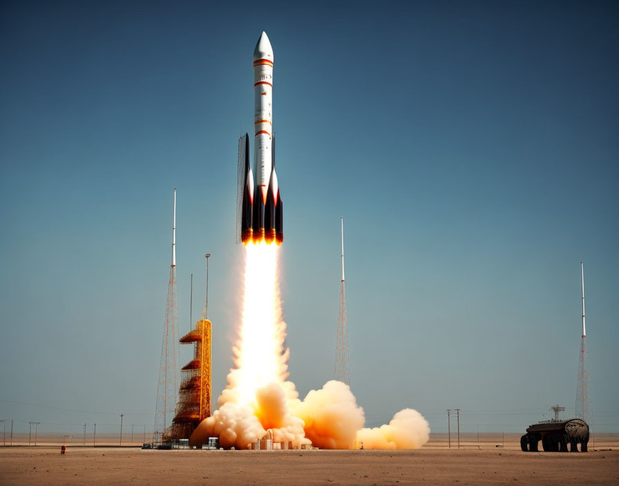 Rocket Launches from Desert Base with Fire Trail in Clear Blue Sky