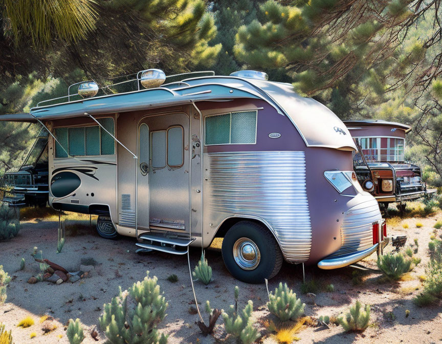 Vintage Trailer and Classic Car in Desert Landscape with Cacti and Pine Trees