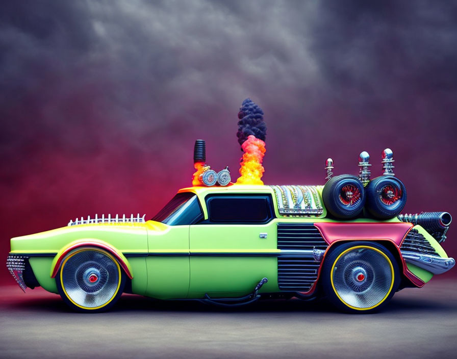 Customized Green and Yellow Car with Exaggerated Features and Flames Against Stormy Sky