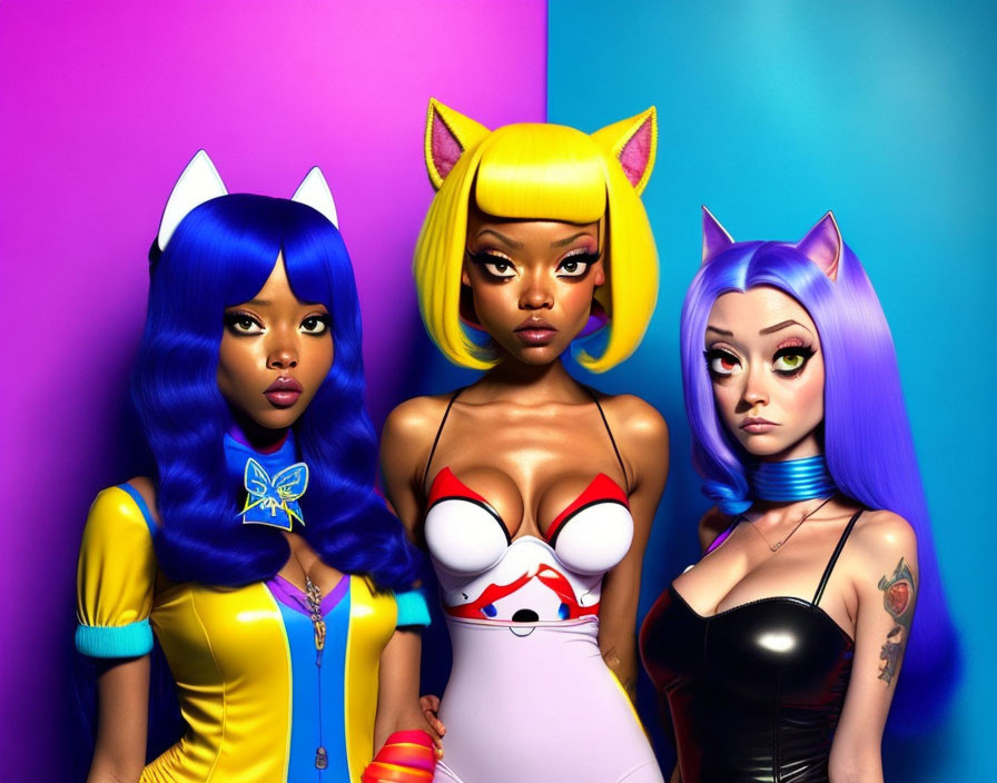 Colorful animated female characters with cat ears in blue, yellow, and purple on vibrant background