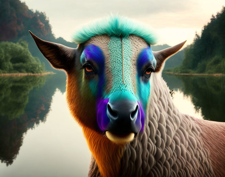 Colorful Cow with Turquoise and Purple Fur by Serene Lake