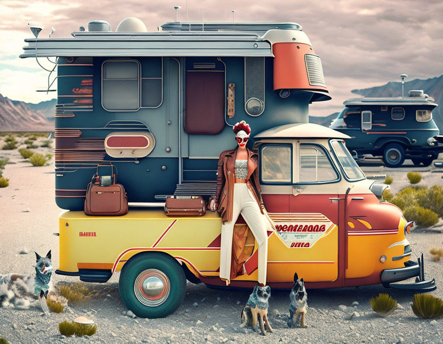 Vintage Outfit Person with Sunglasses and Dogs by Classic Camper Van