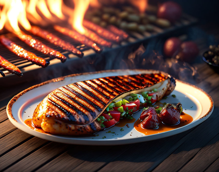 Grilled fish fillet with vegetables on white plate next to barbecue with sausages.