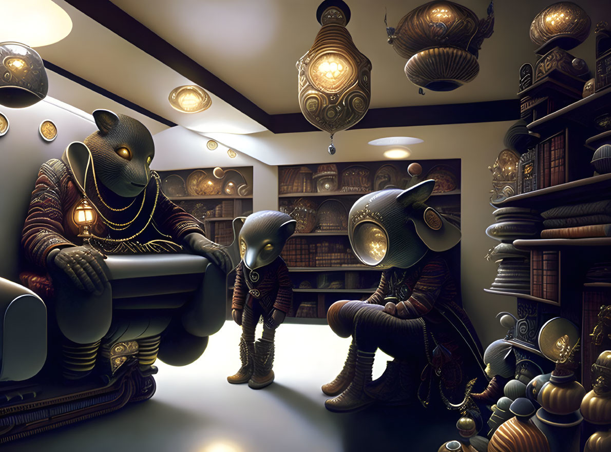 Three anthropomorphic creatures with elephant-like heads in a vintage room with books and spherical objects.