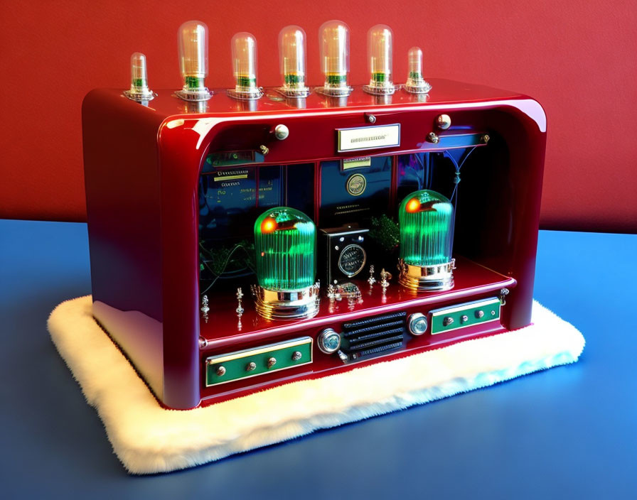 Vintage-Style Red and Chrome Amplifier with Green Tubes and Dials