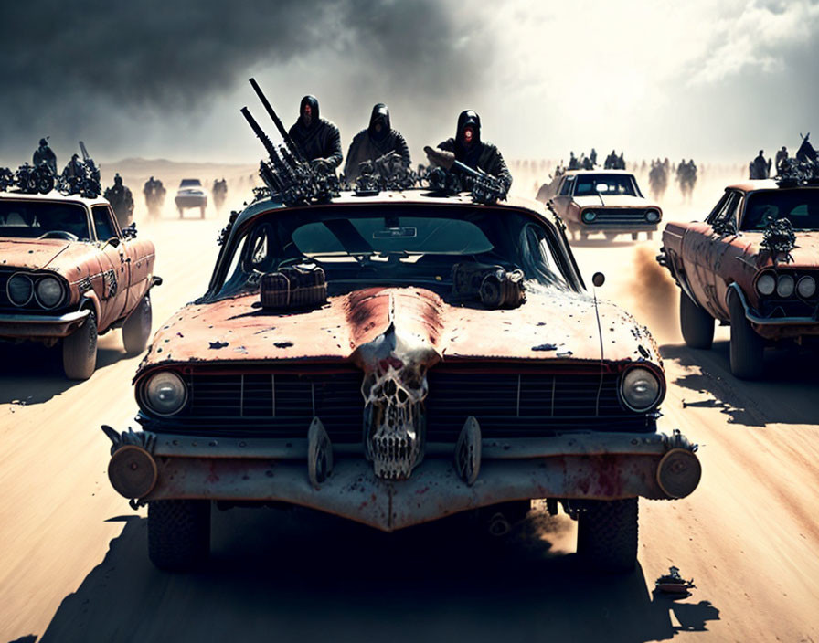 Post-apocalyptic desert convoy with armed riders and skull-adorned car in chase