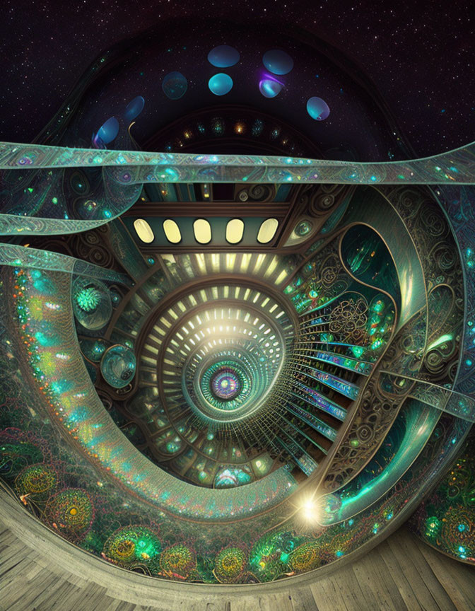 Futuristic spiraling structure with cosmic elements and glowing orbs in starry space