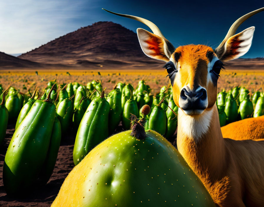 Curious gazelle in desert landscape with cacti and blue sky