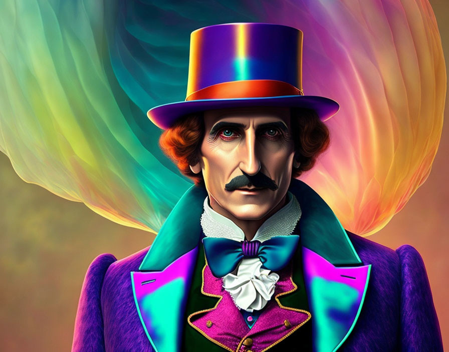 Vibrant illustration of a man in colorful attire against rainbow backdrop