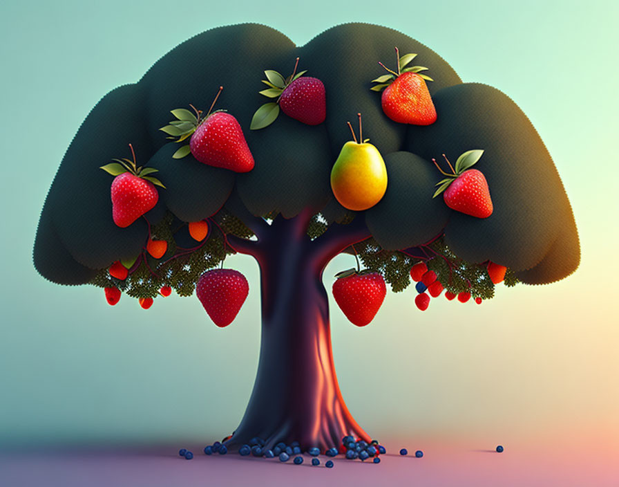 Illustration of whimsical fruit tree with oversized strawberries, apple, and blueberries.