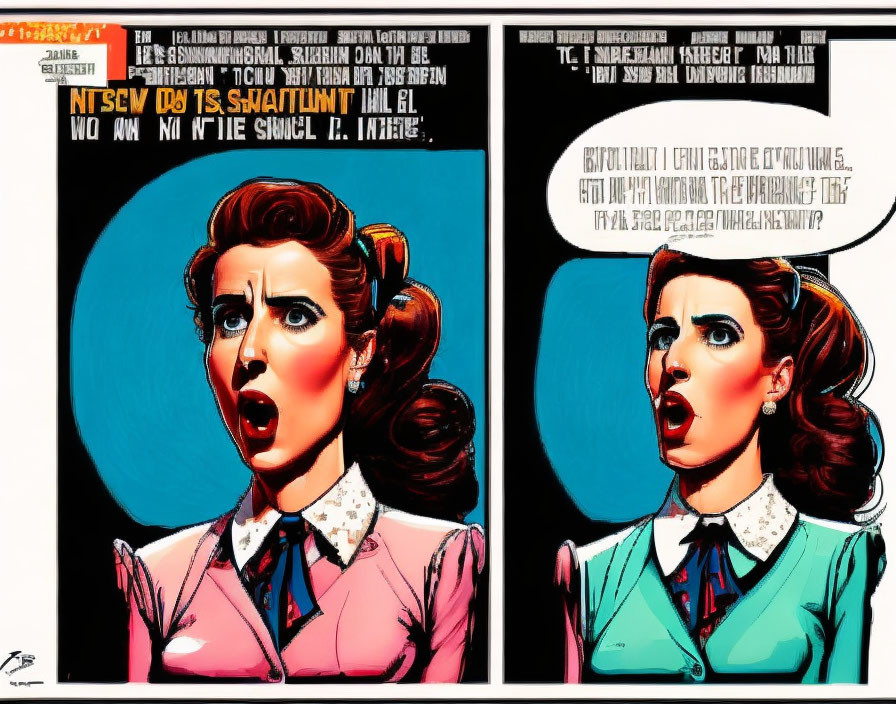 Comic-style panels: Surprised woman in pink attire with expressive facial reactions and speech bubbles displaying shock